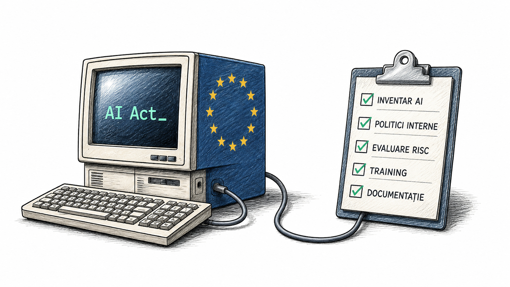 Grafică cu logo-ul AI Act și textul 'Regulamentul European privind Inteligența Artificială'