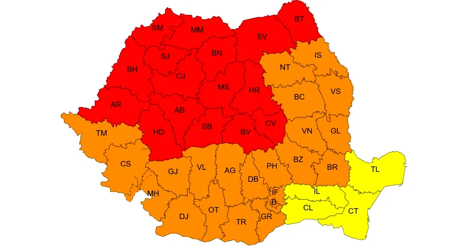 Hartă a României cu avertizări meteorologice de caniculă