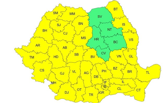 Harta României cu cod galben de caniculă