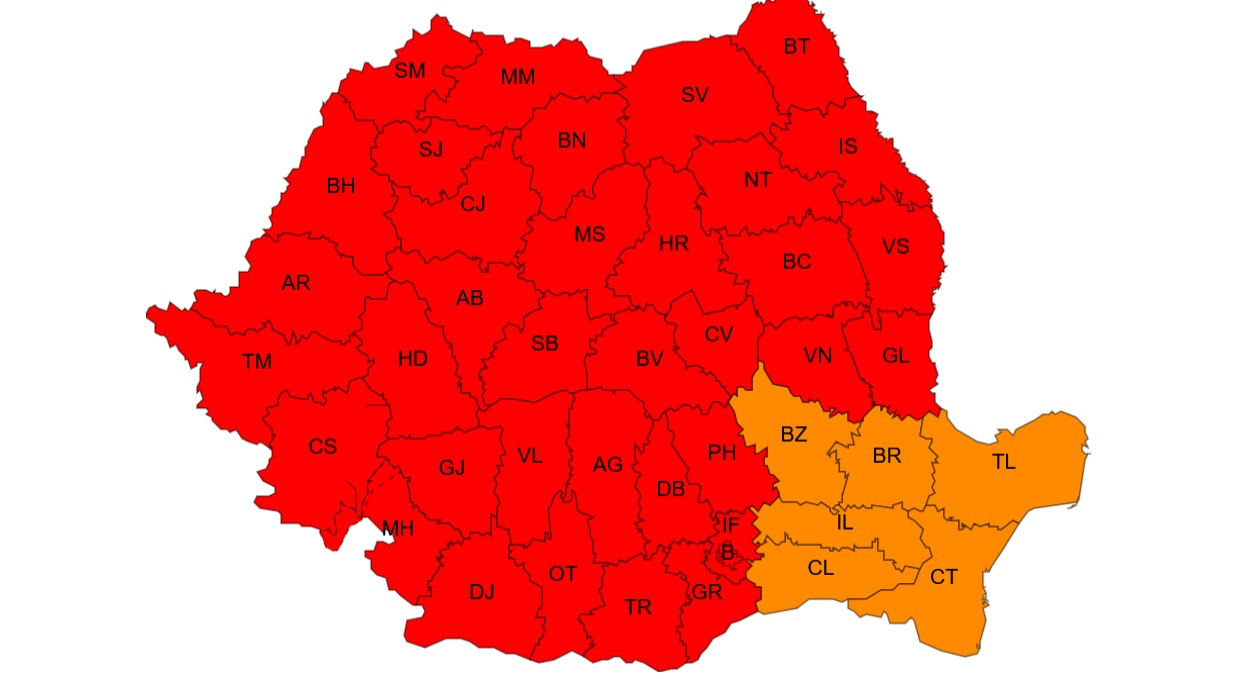 Harta României cu cod roșu de caniculă