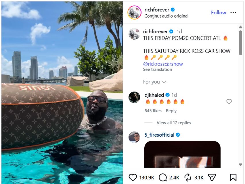 Rick Ross plutind pe un colac de salvare Louis Vuitton într-o piscină