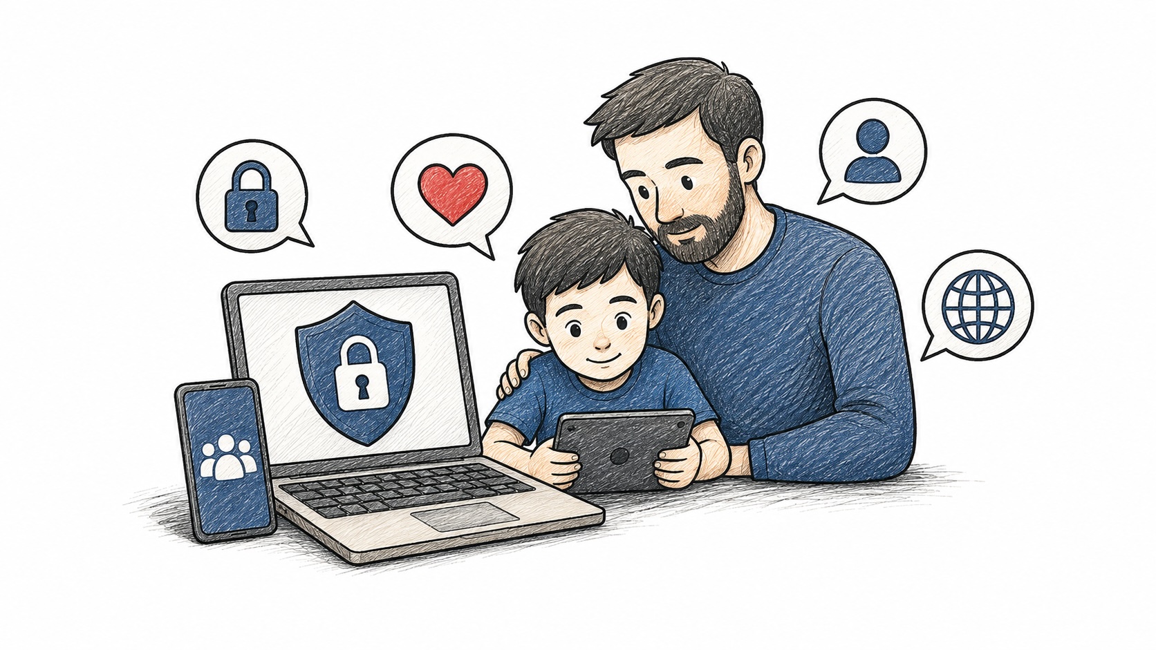 Copil folosind un laptop cu un părinte lângă el, zâmbind