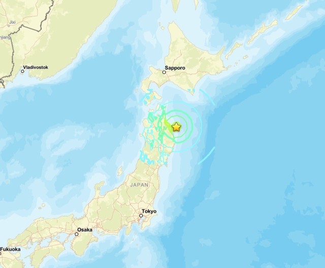 Hartă seismică a Japoniei cu epicentrul cutremurului marcat