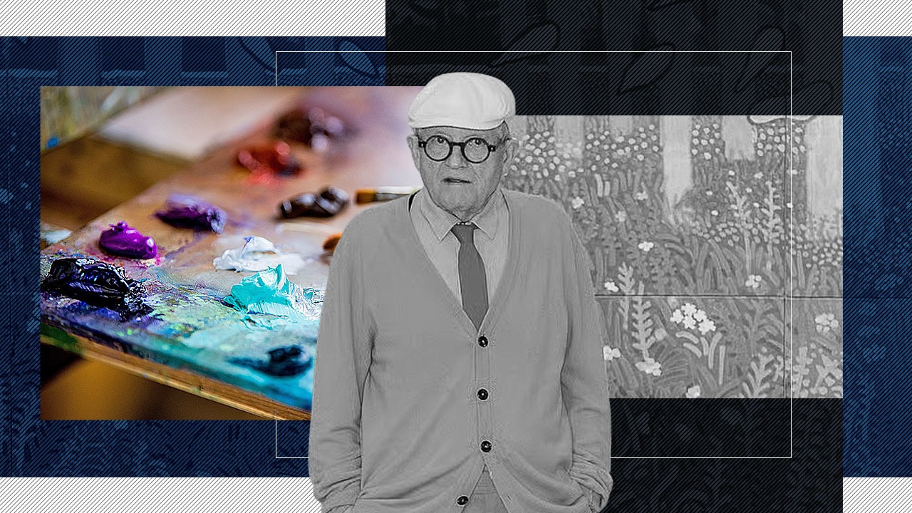 David Hockney în fața uneia dintre picturile sale