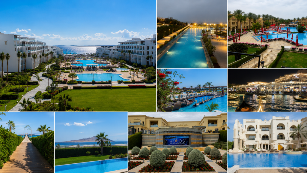 Vedere aeriană a resortului Rixos Radamis din Sharm el-Sheikh, cu piscine, palmieri și plajă la Marea Roșie