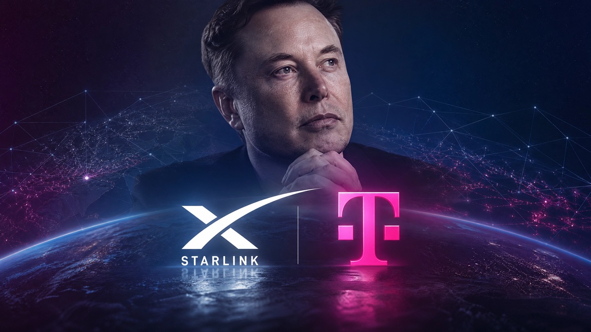 Elon Musk și logo-urile Starlink și T-Mobile