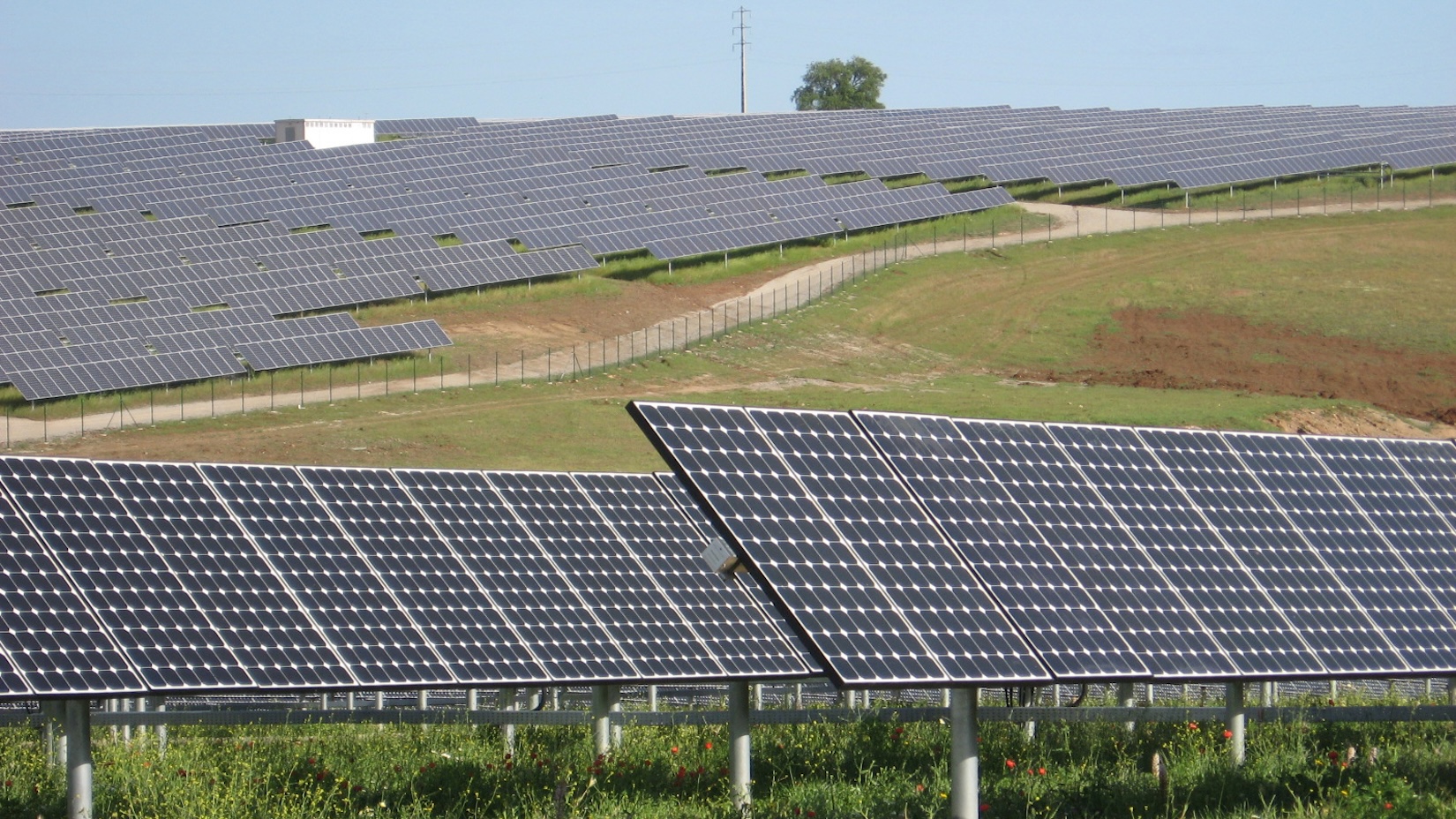 Panouri solare într-un câmp, cu cer senin pe fundal