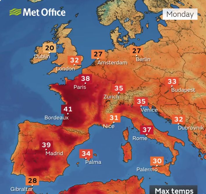 Hartă termică a Europei cu zonele afectate de caniculă
