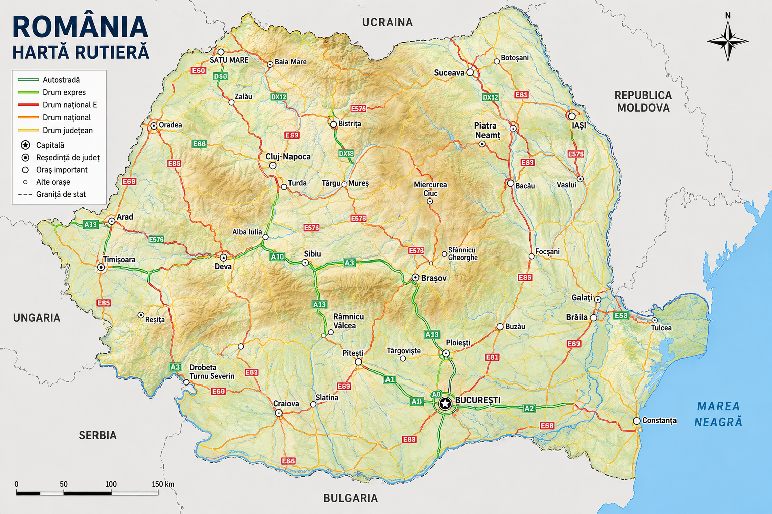 Hartă rutieră a României cu autostrăzi și drumuri naționale
