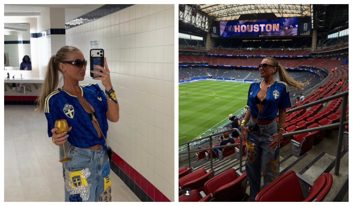 Hanna Friberg purtând tricoul modificat al echipei Suediei la Campionatul Mondial de Fotbal 2026
