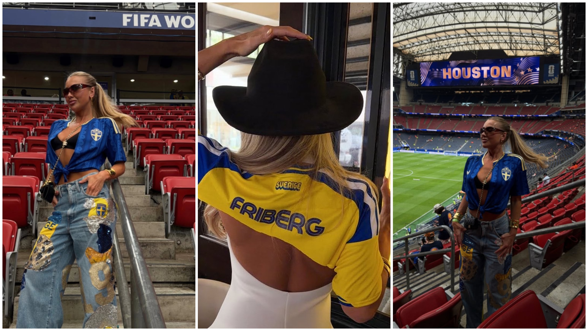 Hanna Friberg în tribune la Cupa Mondială 2026, purtând un tricou tăiat al Suediei