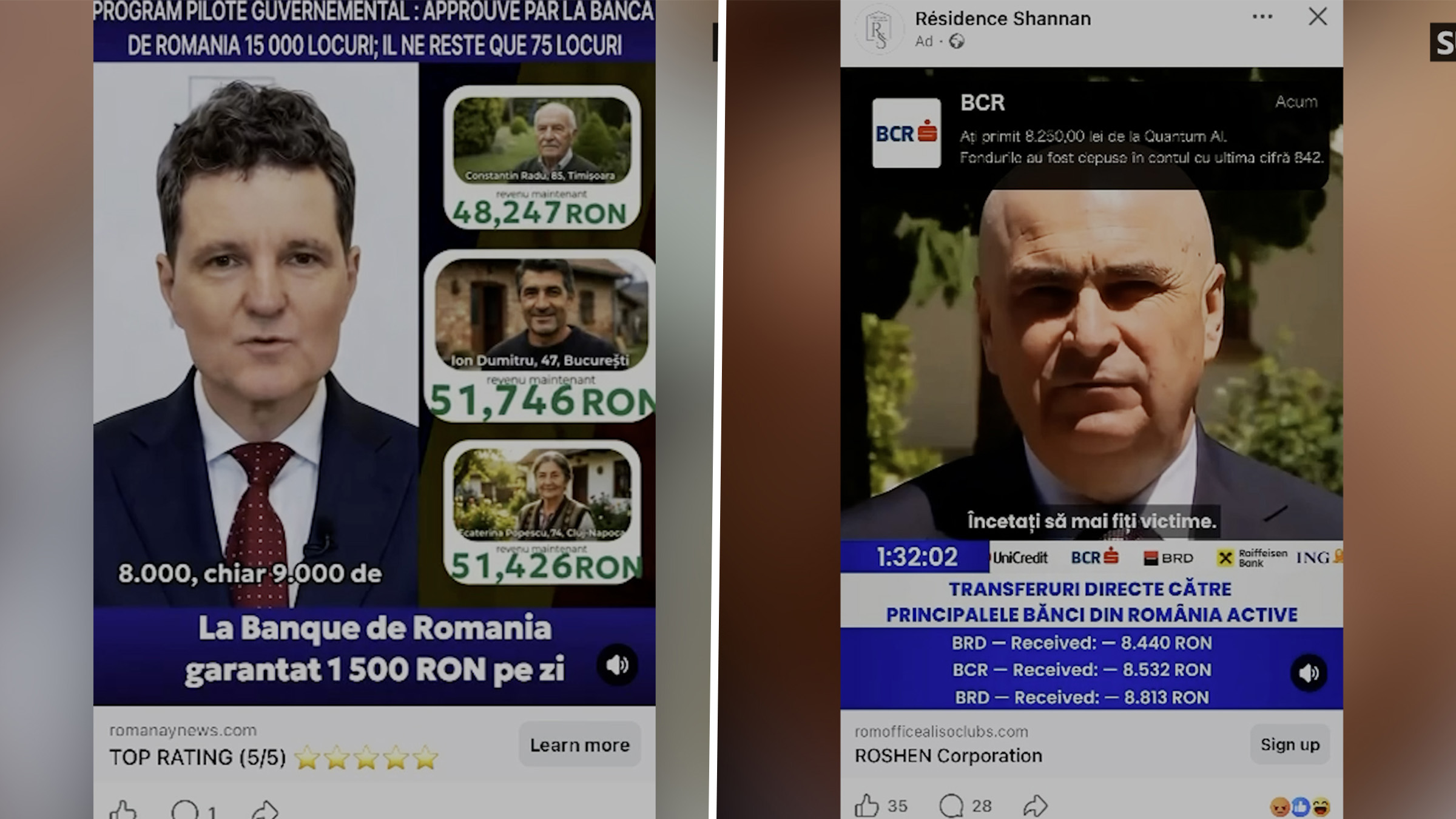 Captură de ecran dintr-un videoclip deepfake cu Nicușor Dan și Ilie Bolojan promovând o investiție falsă