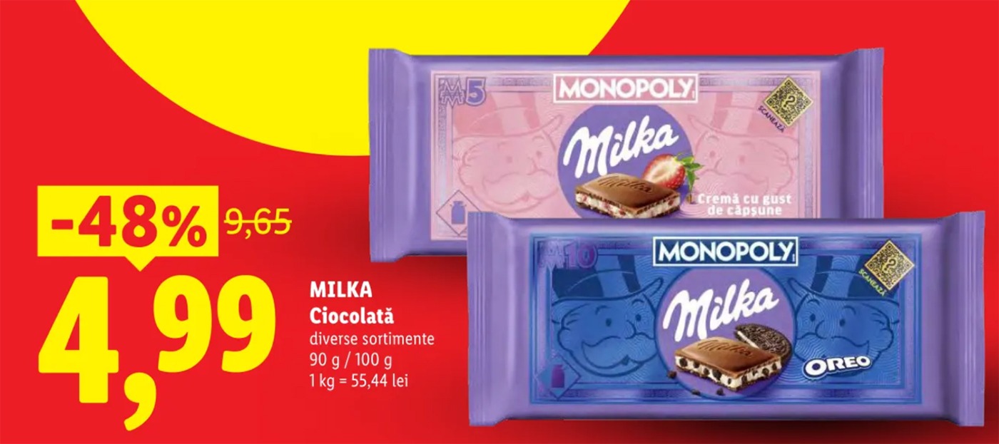 Lidl reduce prețul ciocolatei Milka cu 48%, de la 9,65 lei la 4,99 lei, începând de astăzi