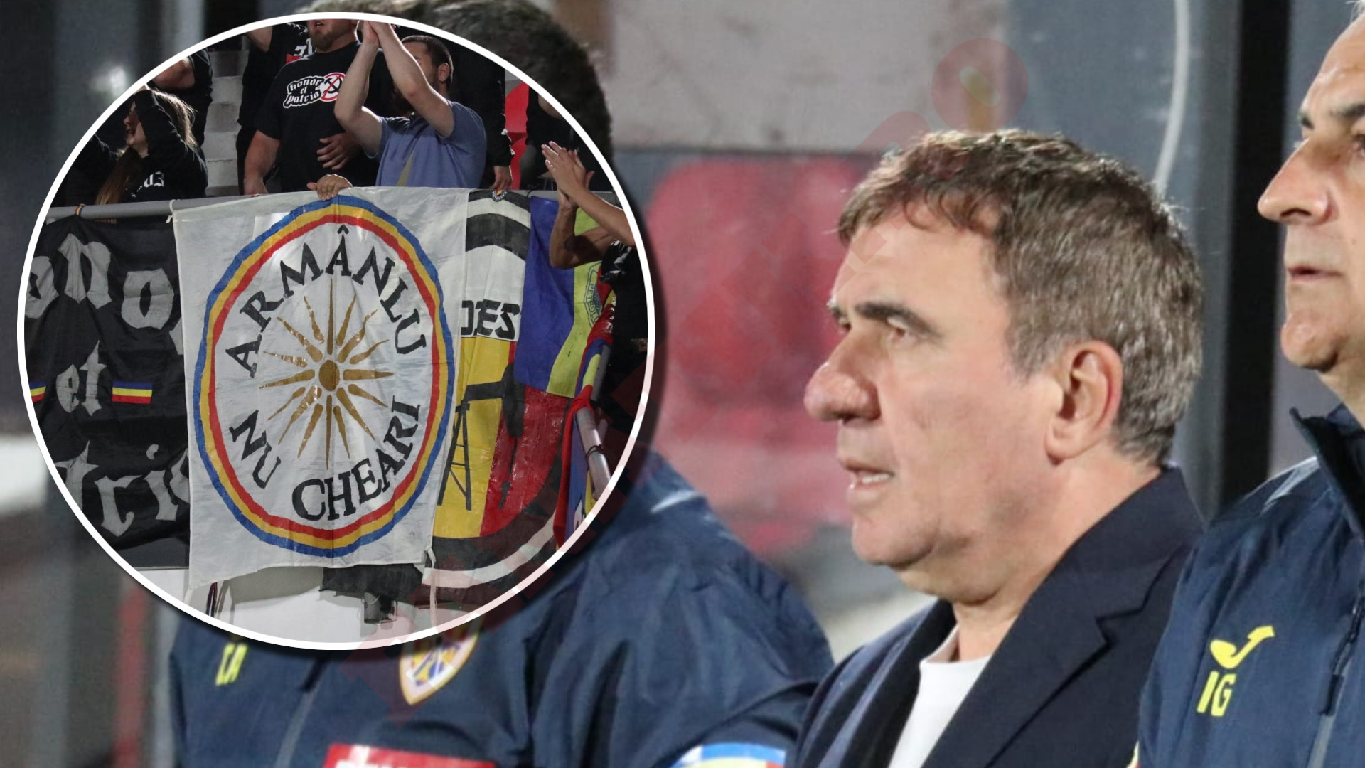 Banner cu mesajul „armânlu nu cheari” pe stadionul Mikheil Meskh din Tbilisi