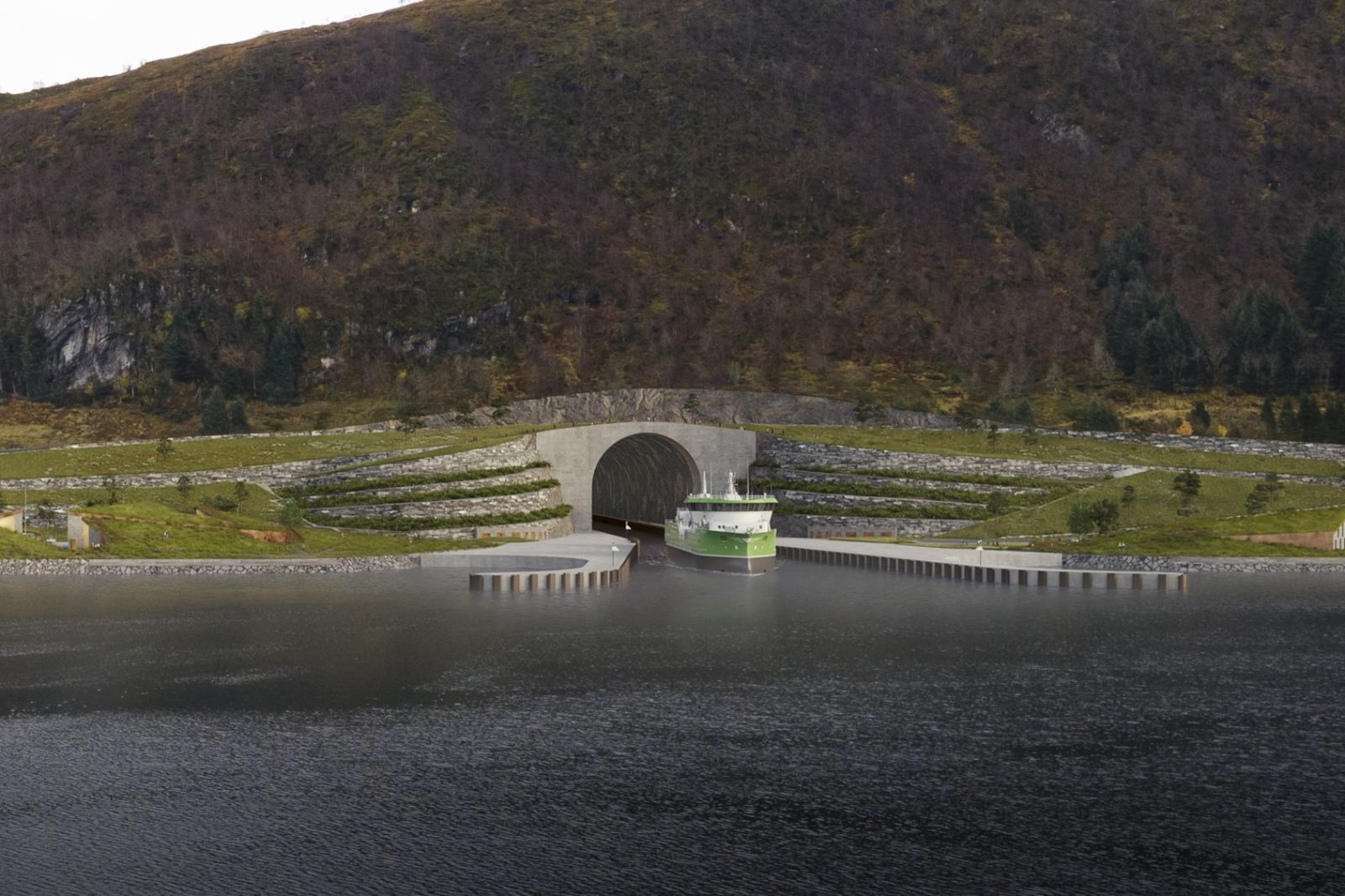Vedere artistică a tunelului maritim Stad Ship Tunnel, cu o navă intrând prin munte