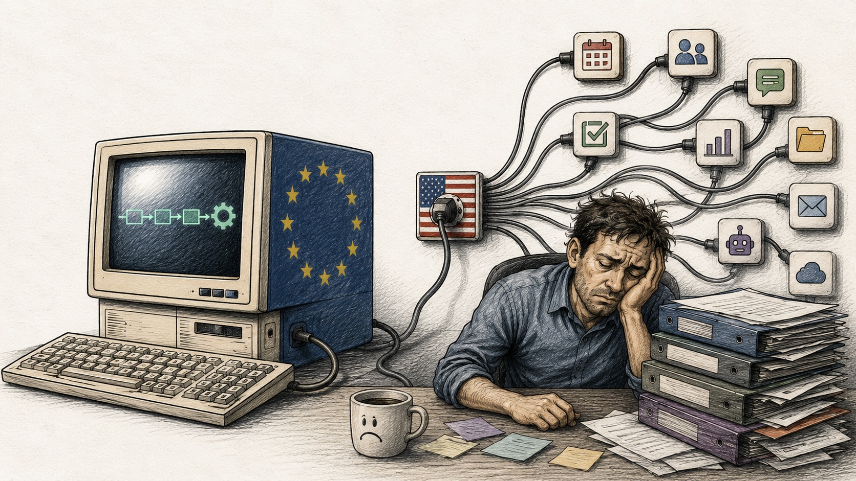 Angajat care privește un ecran de calculator cu expresie obosită, simbolizând oboseala de automatizare