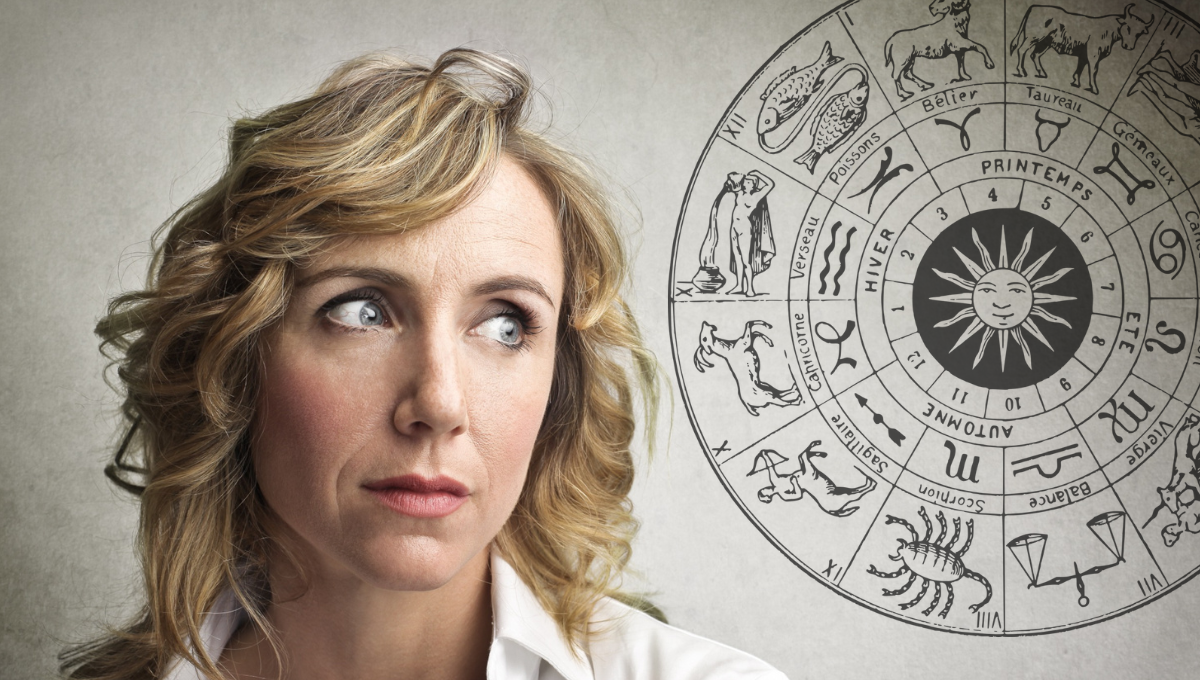 Ilustrație cu patru simboluri zodiacale: Gemeni, Fecioară, Scorpion și Vărsător, într-un context cosmic cu planete și stele