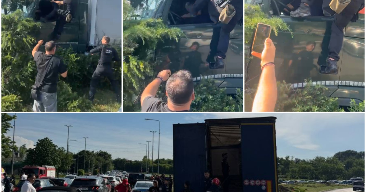 Polițist local pe cabina unui TIR, folosind spray lacrimogen asupra șoferului