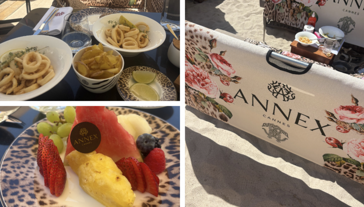 Annex Beach Cannes – șezlonguri și masă pe plajă, cu vedere la Mediterana