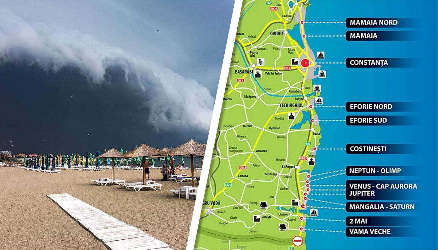 Harta prognozei meteo pentru litoralul românesc în iulie 2026, cu simboluri de ploaie