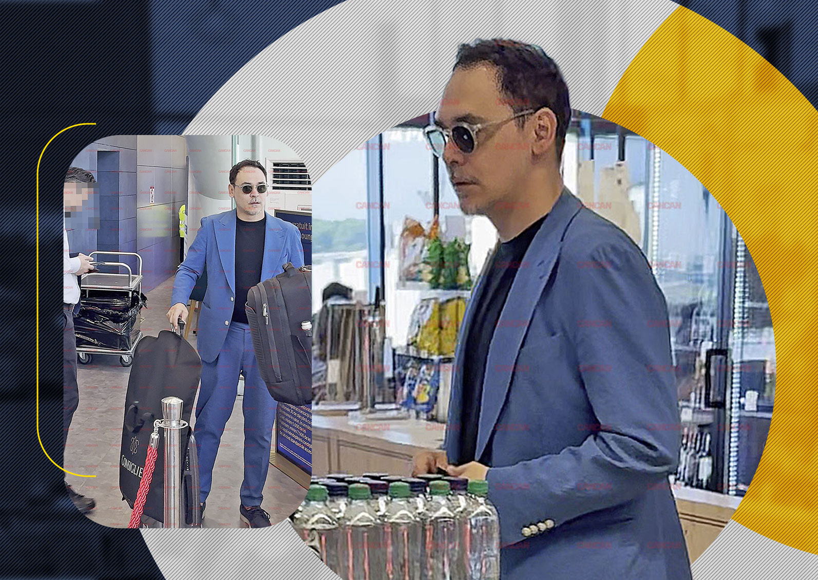 Răzvan Simion la aeroport, purtând costum albastru și ochelari de soare