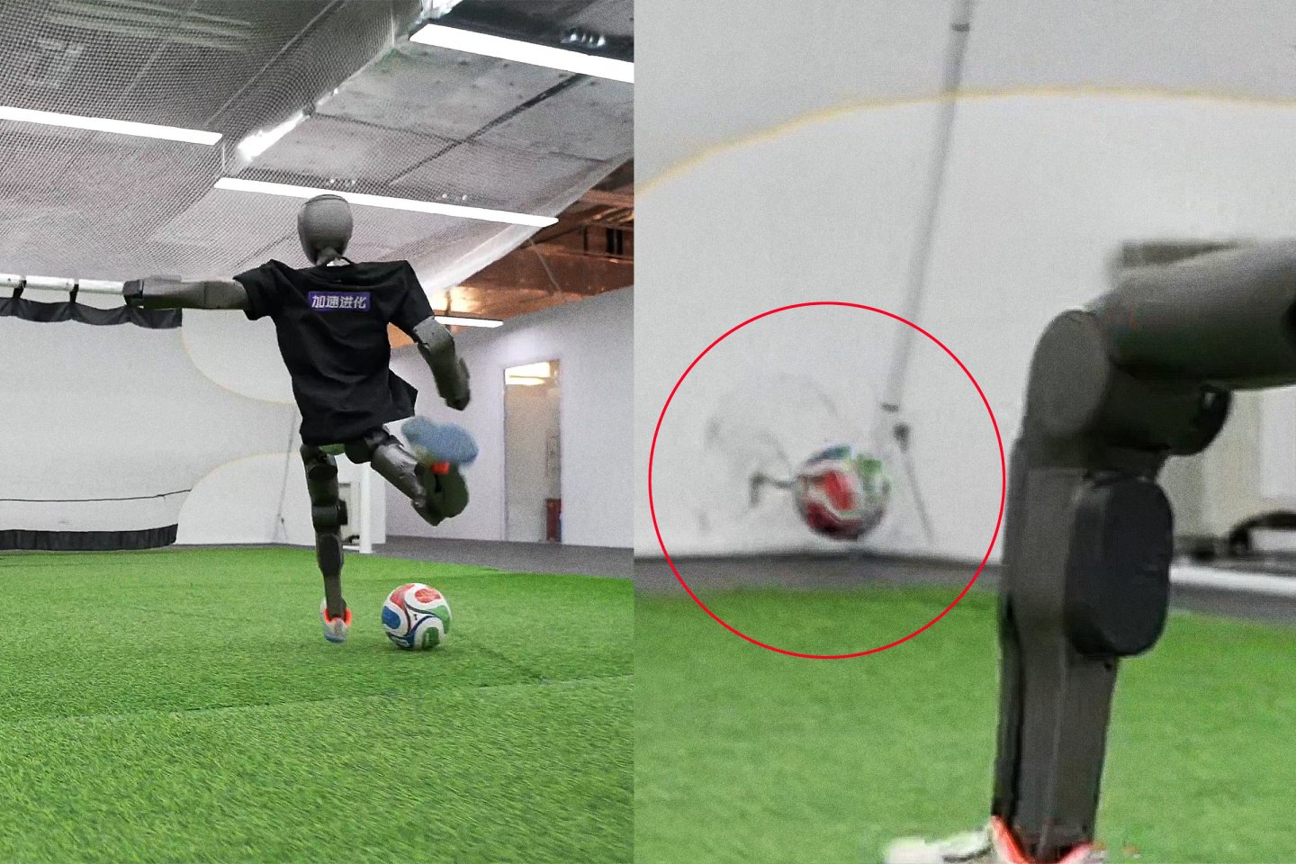 Robot umanoid T1 sparge peretele cu un șut de fotbal viral