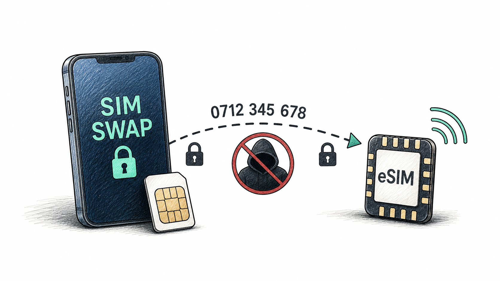 Ilustrație a unui atac SIM swap cu un telefon și un simbol de securitate spart
