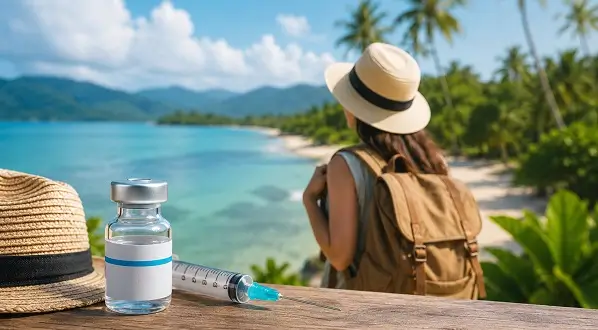 Vaccin împotriva dengue și seringă pe fundal tropical
