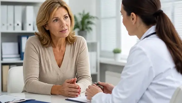 Femeie în vârstă cu osteoporoză, ilustrând riscul de fracturi osoase