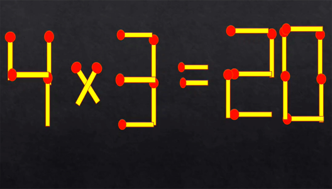 Test IQ: Mutați un chibrit pentru a corecta ecuația 4 x 3 = 20. Iată soluția!