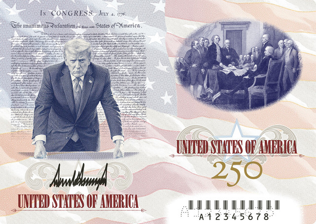 Pagina noului pașaport american cu portretul lui Donald Trump și Declarația de Independență