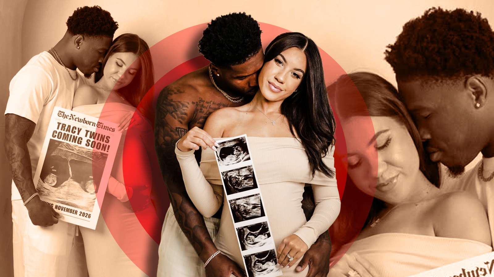 Tyrone Tracy Jr. și Zoe Rollon într-o ședință foto de maternitate, ținând un ziar simbolic cu ecografia gemenilor