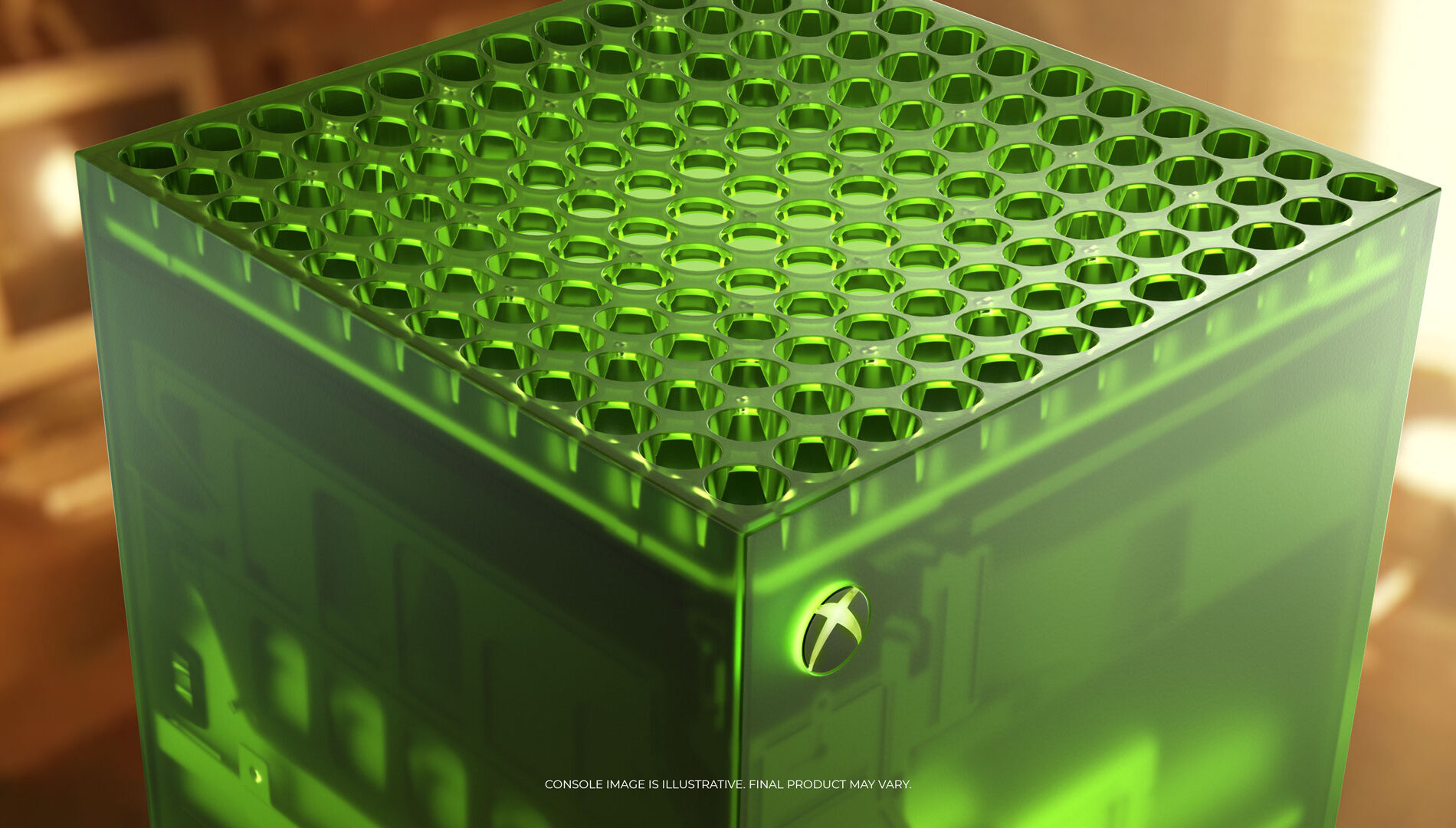 Xbox Series X 25 Limited Edition cu carcasă verde translucidă și buton Xbox iluminat