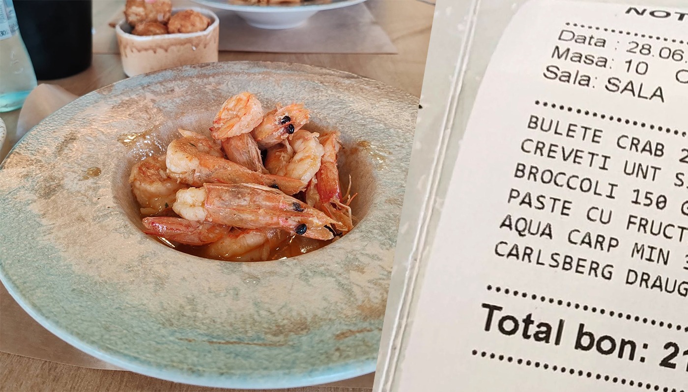 Porție de șase creveți în unt și usturoi, servită într-un restaurant din Constanța