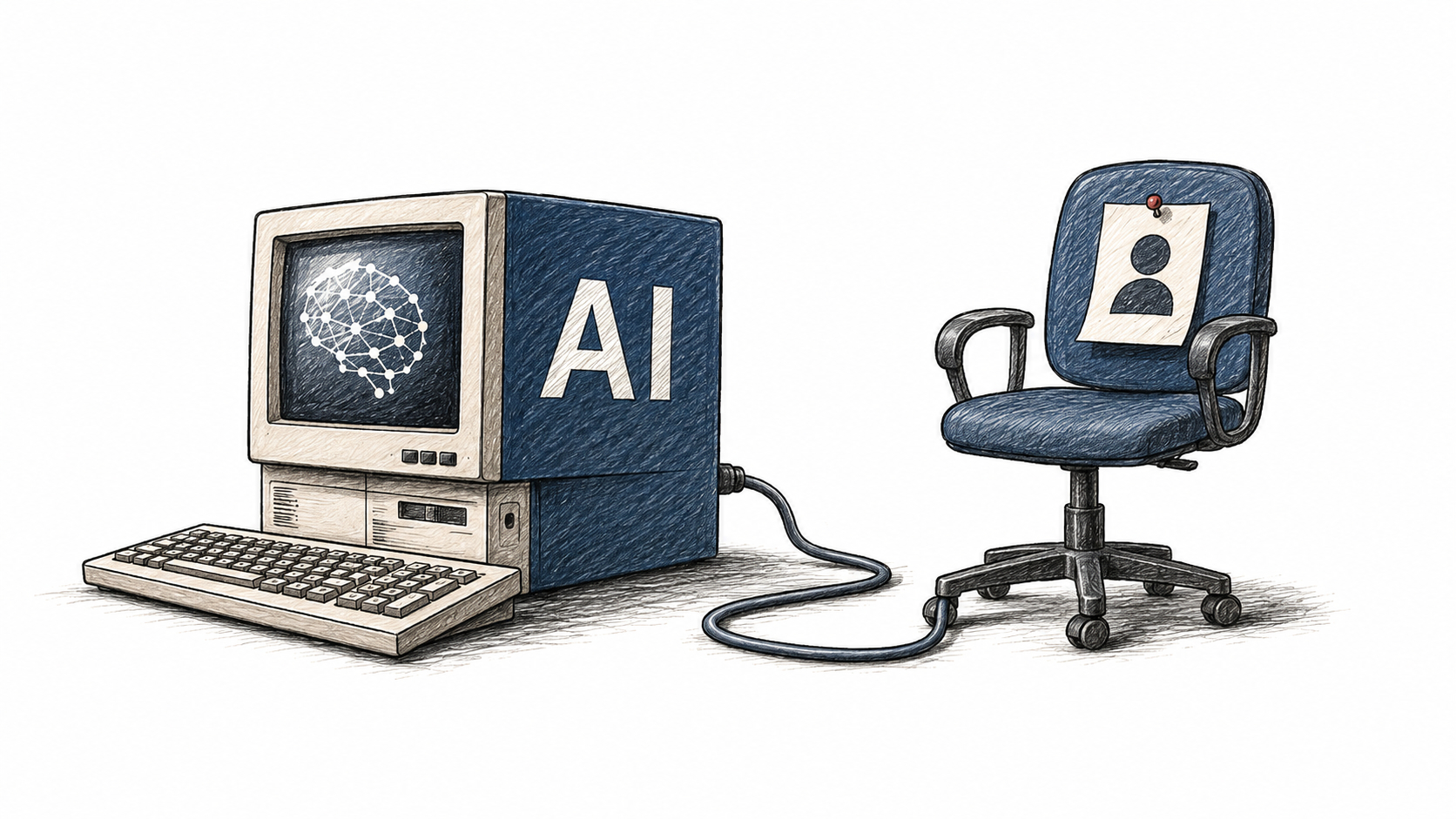 Angajat care lucrează la calculator, cu un ecran ce afișează elemente grafice sugestive pentru inteligența artificială