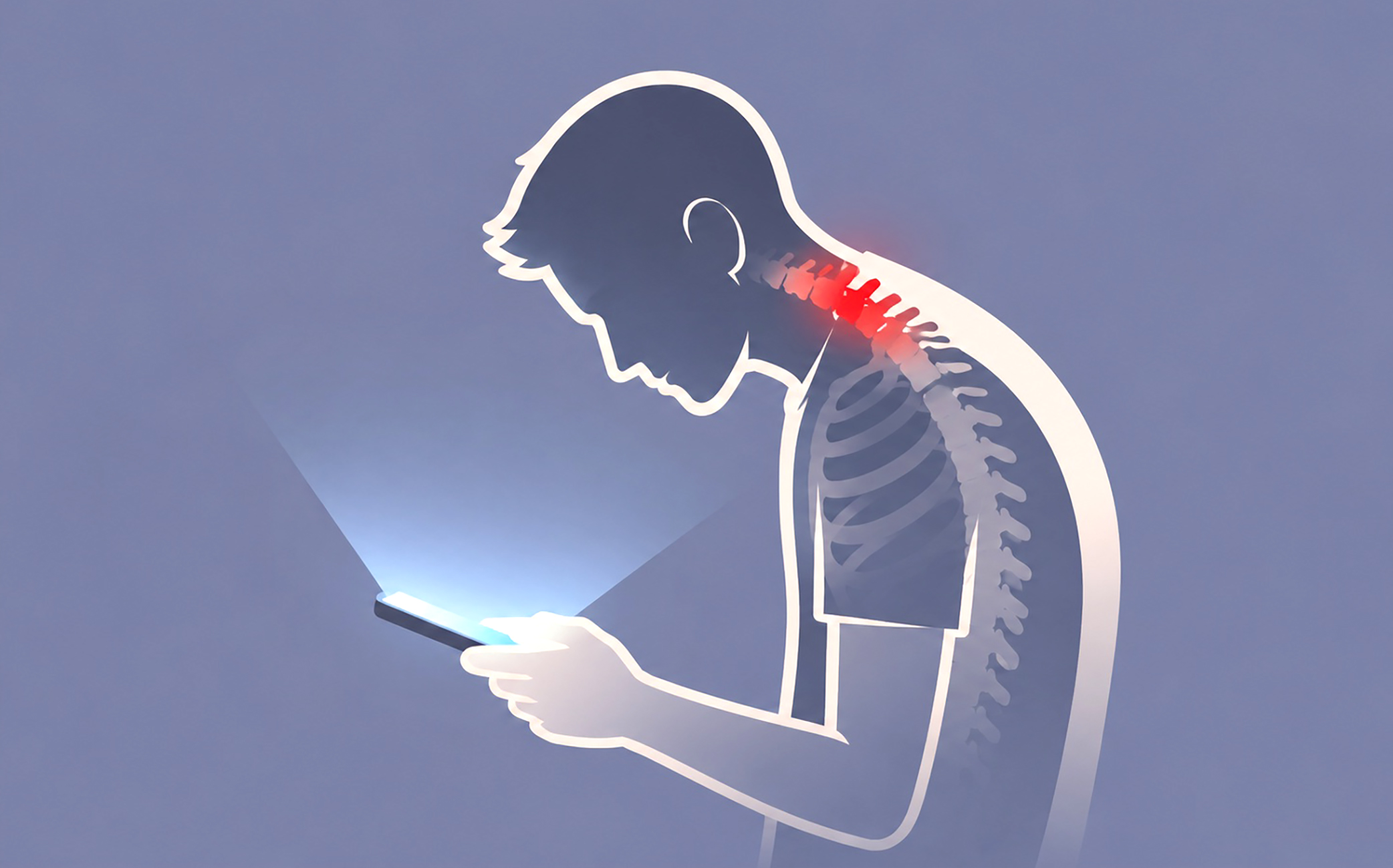 Persoană cu capul aplecat în față privind telefonul, ilustrând postura tech neck