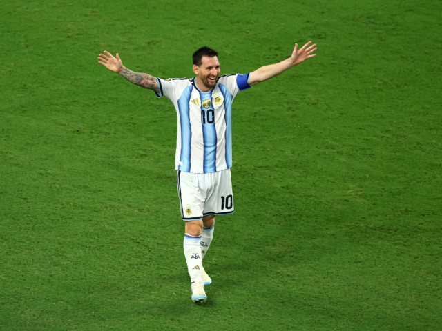 Lionel Messi sărbătorind un gol pentru Argentina la Cupa Mondială