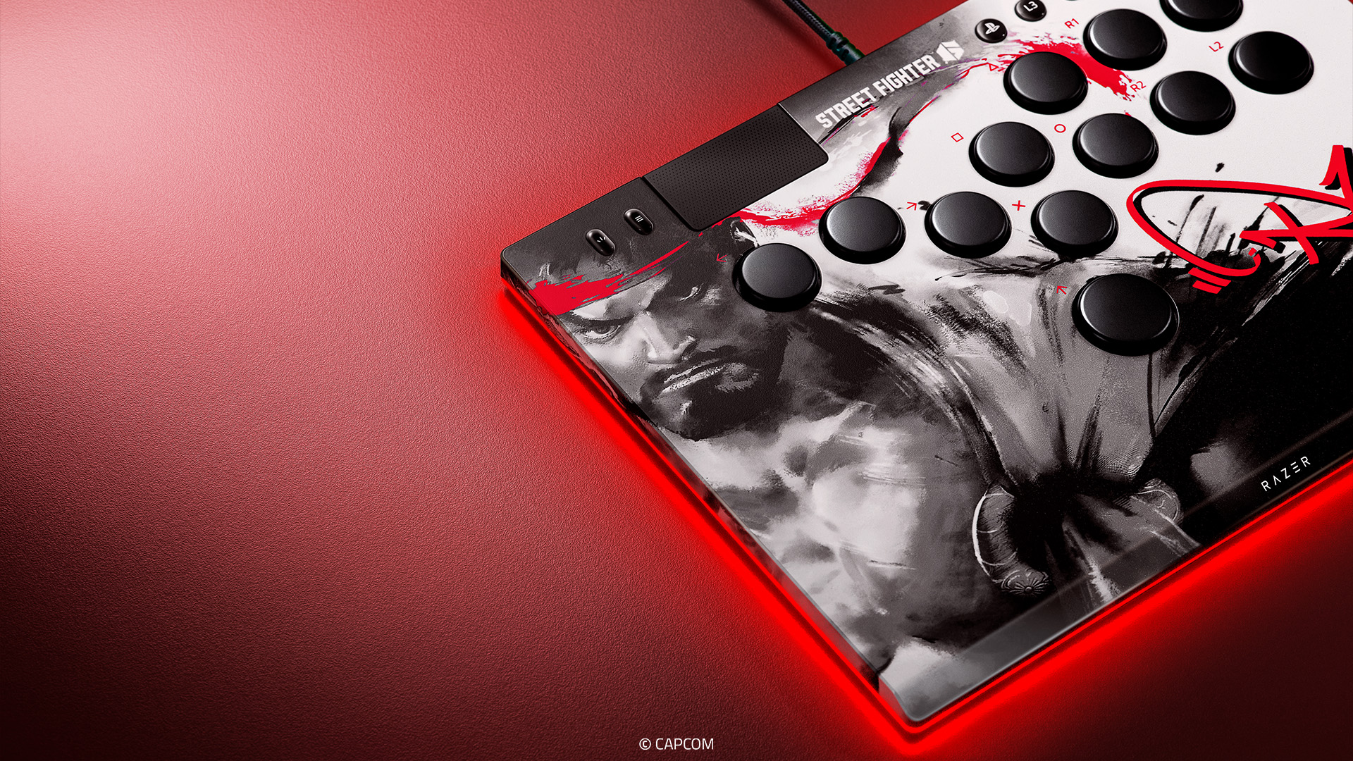 Razer Kitsune Ryu Edition fight stick cu design alb-negru și accente roșii