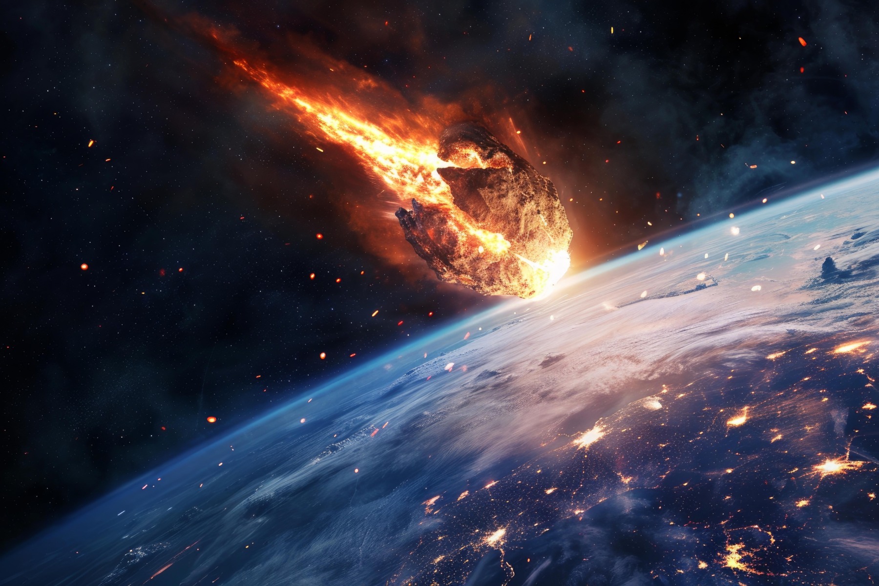 Ilustrație cu un asteroid lovind Pământul, generând vapori și fracturi în scoarță