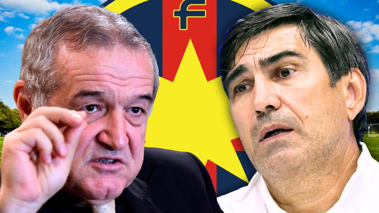 Victor Pițurcă și Gigi Becali discutând despre transferul lui Denis Drăguș la FCSB